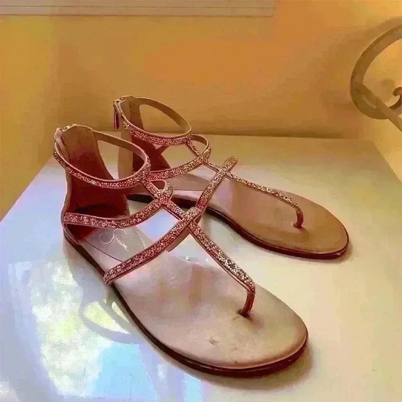 Jessica Simpson Cammie Splittoe Ankle Strap Sandal Gold Size 7.5 Beaded - Picture 1 of 9